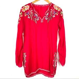 Johnny Was | Red Long Sleeve Blouse Embroidered Rayon XS